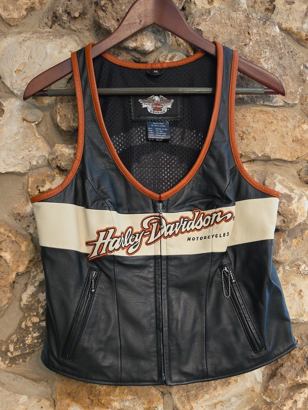 Harley-Davidson Black Leather Women's Vest with Cream Stripe and Brown Trim